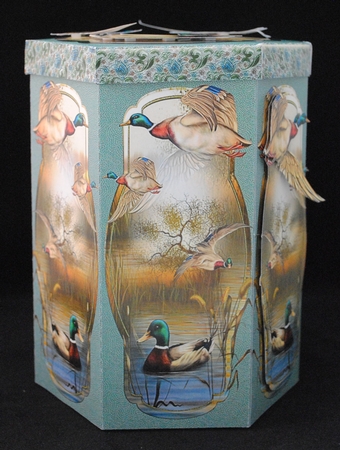 GORGEOUS TALL HEXAGONAL DECOUPAGE BOX - MALLARDS MEN by Yvonne Middleton