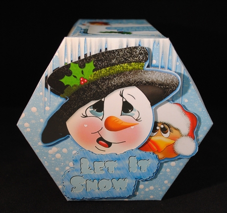 GORGEOUS TALL HEXAGONAL DECOUPAGE BOX - FROSTY AND FRIEND by Yvonne Middleton