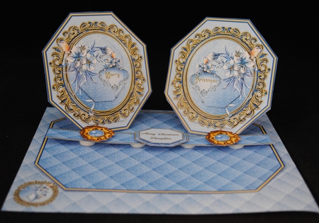 Blue octagonal double easel card & matching envelope. by Yvonne Middleton