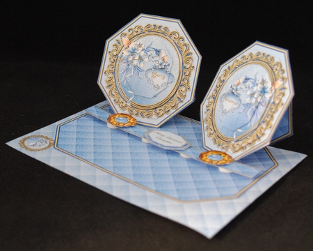 Blue octagonal double easel card & matching envelope. by Yvonne Middleton