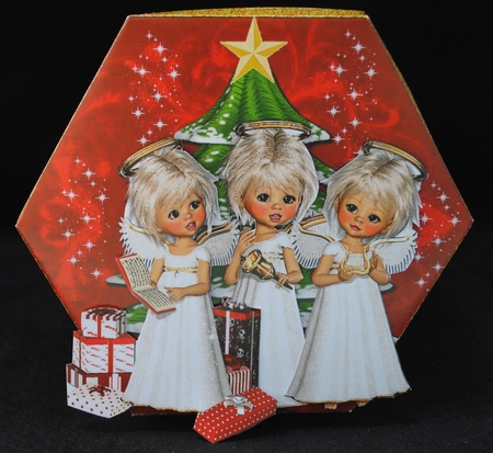 GORGEOUS TALL HEXAGONAL CHRISTMAS DECOUPAGE BOX - CHRISTMAS ANGELS by Yvonne Middleton