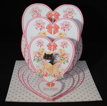 Kittens & flowers triple heart easel card and matching envelope. by Yvonne Middleton
