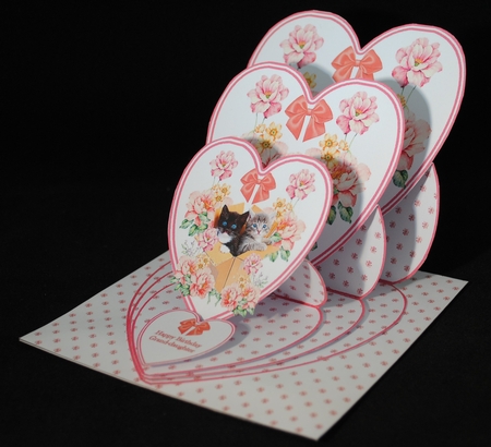 Kittens & flowers triple heart easel card and matching envelope. by Yvonne Middleton