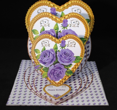 Gold triple heart easel card with purple roses and matching envelope. by Yvonne Middleton