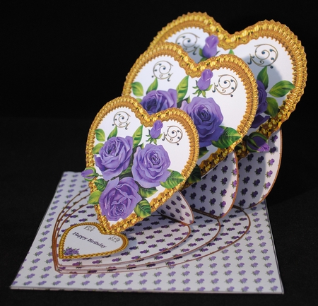 Gold triple heart easel card with purple roses and matching envelope. by Yvonne Middleton