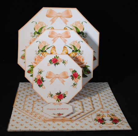Peach roses octagonal triple easel card with matching envelope. by Yvonne Middleton