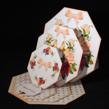 Peach roses octagonal triple easel card with matching envelope. by Yvonne Middleton