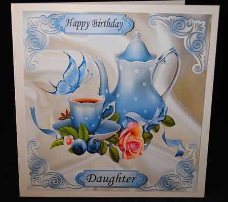 pretty blue teapot with butterflies and roses on satin 8x8 by Yvonne Middleton