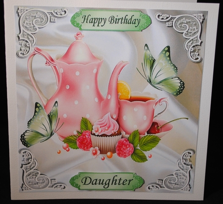 pretty pink teapot with butterflies roses, & cupcakes on satin 8x8 by Yvonne Middleton