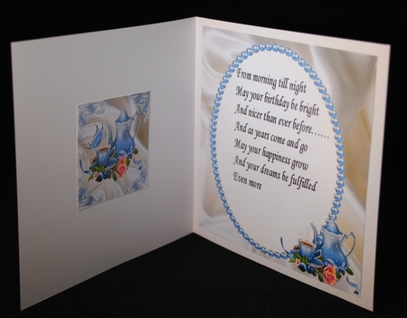 pretty blue teapot with butterflies and roses on satin 8x8 insert by Yvonne Middleton