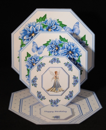 Blue daliahs and fairy octagonal triple easel card with matching envelope. by Yvonne Middleton