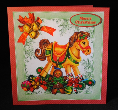 Lovely rocking horse with christmas baubles and bells 8x8 by Yvonne Middleton