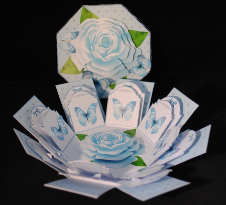 Shades of blue octagonal exploding box card by Yvonne Middleton