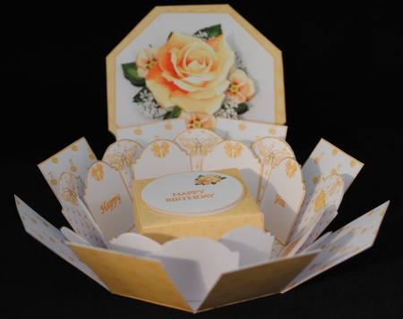 Peach roses octagonal exploding box card with gift box by Yvonne Middleton