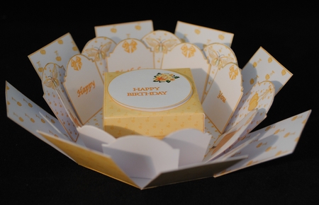 Peach roses octagonal exploding box card with gift box by Yvonne Middleton