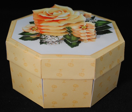 Peach roses octagonal exploding box card with gift box by Yvonne Middleton