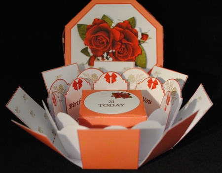 Red roses octagonal exploding box card with gift box by Yvonne Middleton