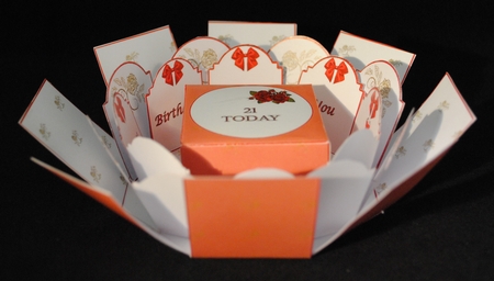 Red roses octagonal exploding box card with gift box by Yvonne Middleton