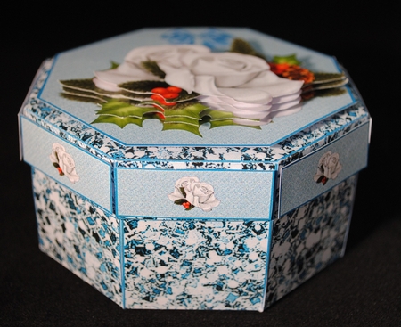 Ice blue, white Christmas roses exploding box card by Yvonne Middleton