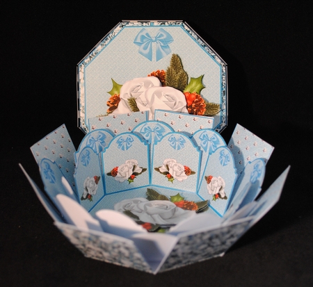 Ice blue, white Christmas roses exploding box card by Yvonne Middleton