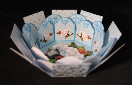 Ice blue, white Christmas roses exploding box card by Yvonne Middleton