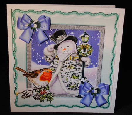 Good Day To you! Mr Robin! with happy snowman with purple bows 8x8 by Yvonne Middleton