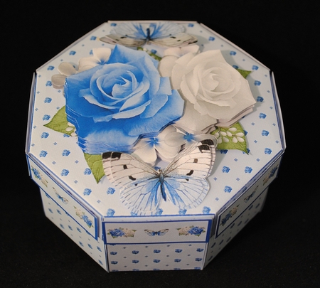 Blue & white roses with 3D butterflies exploding box card by Yvonne Middleton