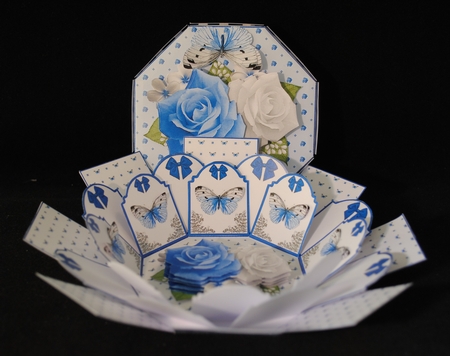 Blue & white roses with 3D butterflies exploding box card by Yvonne Middleton