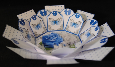Blue & white roses with 3D butterflies exploding box card by Yvonne Middleton