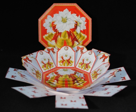 Bells & white poinsettia exploding box card by Yvonne Middleton