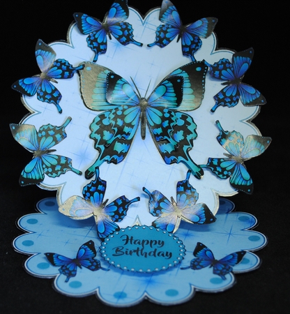 Blue Layered Butterflies Scalloped Easel Card by Yvonne Middleton