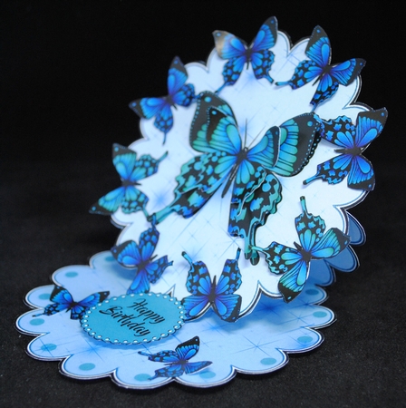 Blue Layered Butterflies Scalloped Easel Card by Yvonne Middleton