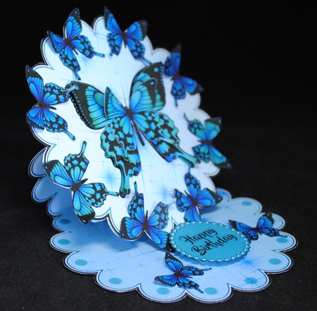 Blue Layered Butterflies Scalloped Easel Card by Yvonne Middleton