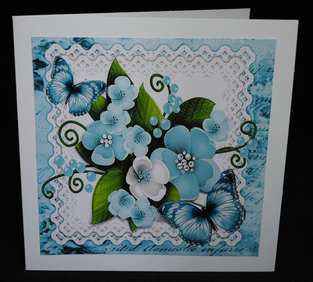 Pretty blue/white spring flowers on lace with script 7x7 frame by Yvonne Middleton