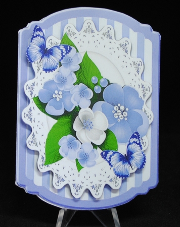 Pretty lilac/white spring flowers on lace with butterflies bracket card by Yvonne Middleton