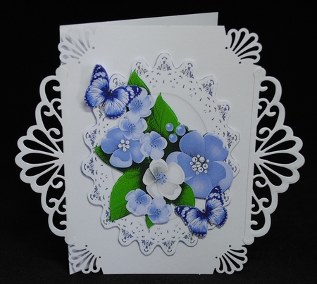 Pretty lilac/white spring flowers on lace with butterflies bracket card by Yvonne Middleton