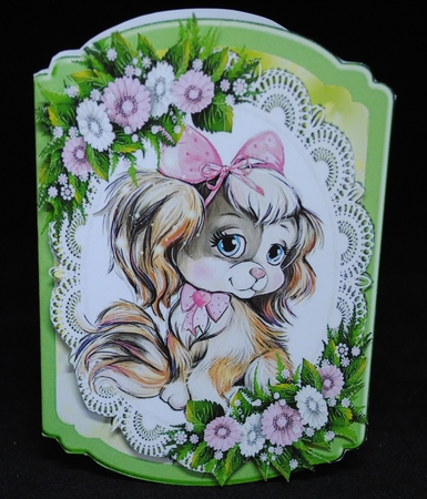 4 Cute kitties/puppies on lace with flowers bracket cards mini kits by Yvonne Middleton