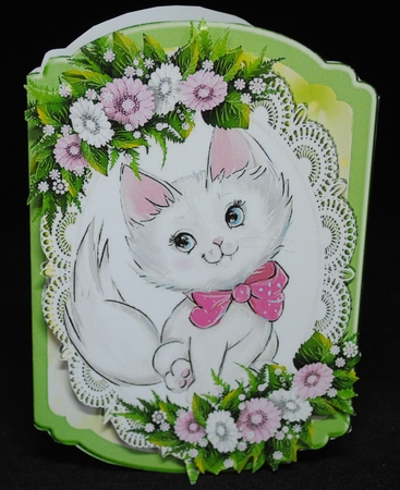 4 Cute kitties/puppies on lace with flowers bracket cards mini kits by Yvonne Middleton