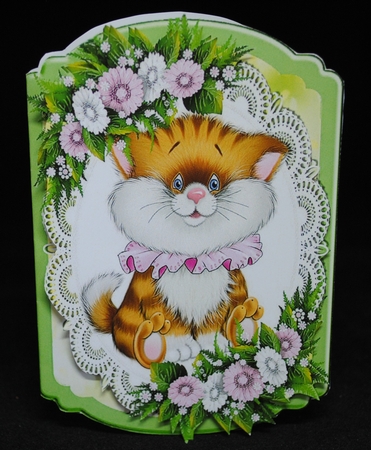 4 Cute kitties/puppies on lace with flowers bracket cards mini kits by Yvonne Middleton