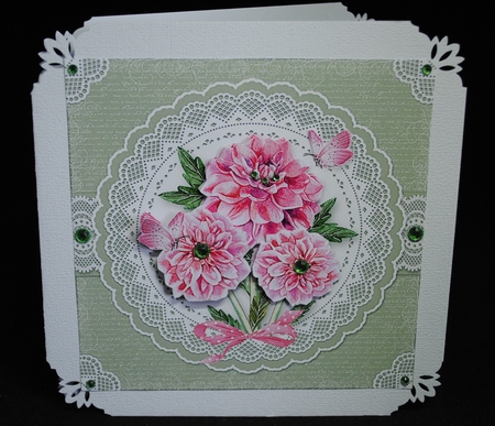 Lovely Watercolor Dahlias/Butterflies On Lace by Yvonne Middleton