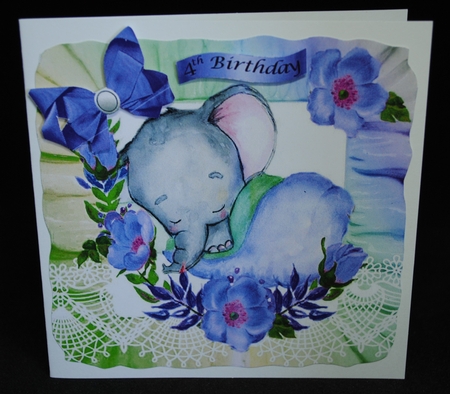  4 pretty rainbow frill card fronts  with baby ele sleeping and flowers 8x8 mini kit by Yvonne Middleton