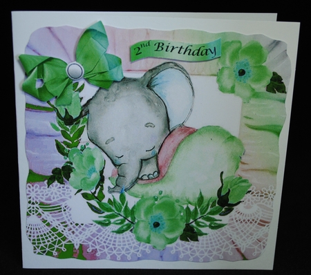  4 pretty rainbow frill card fronts  with baby ele sleeping and flowers 8x8 mini kit by Yvonne Middleton