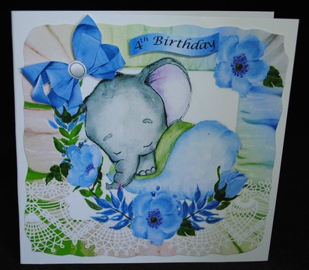  4 pretty rainbow frill card fronts  with baby ele sleeping and flowers 8x8 mini kit by Yvonne Middleton