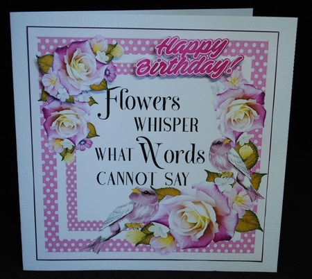 Delicate pink shade roses with little birds and sentiment card/f 8x8 by Yvonne Middleton