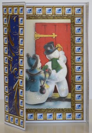 Snowman Knocking Blue Bling Giant Square Buckle Gatefold Card by Yvonne Middleton