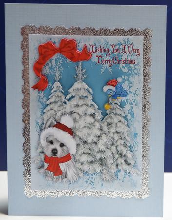 Fluffy White Westie in Santa Hat with Little Bird A4 by Yvonne Middleton