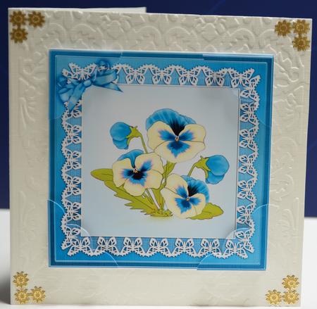 8 x 8 Pansy on Butterfly Lace Scalloped Corner Topper by Yvonne Middleton