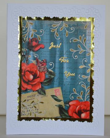 Dusky Teal Colour Red Rose Painted Postcard A4 Backing Paper by Yvonne Middleton