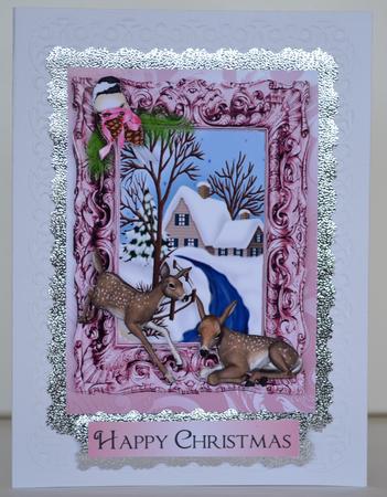 Deers and Bird in Snow Scene in Pretty Baroque Frame A4 by Yvonne Middleton