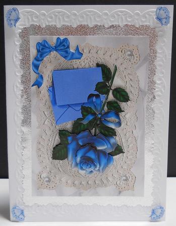 Blue Rose with Butterflies and Bow on Vintage Lace by Yvonne Middleton